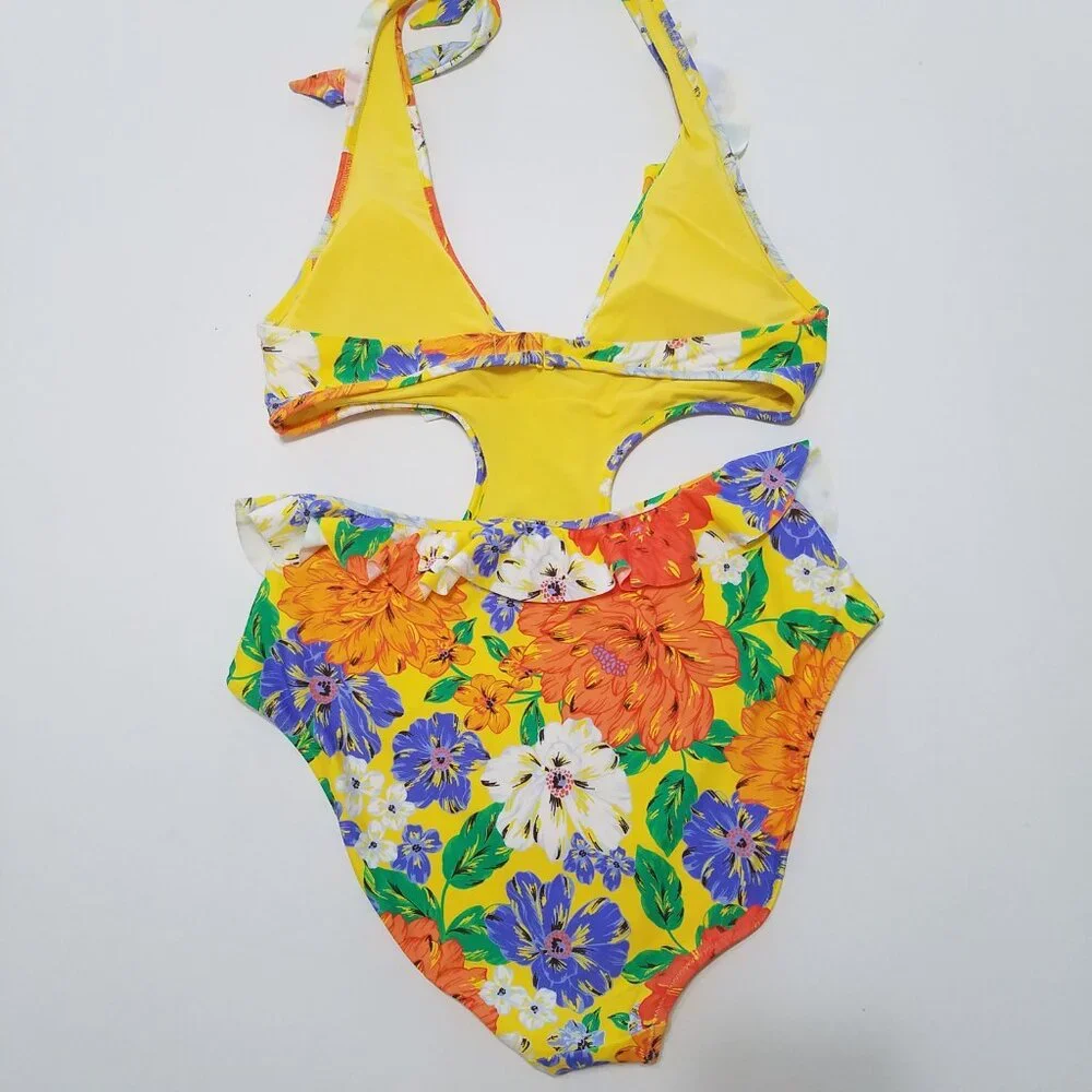 NWOT Aerie Floral Ruffle Halter Cut Out One Piece Swimsuit Size L - Picture 8 of 11